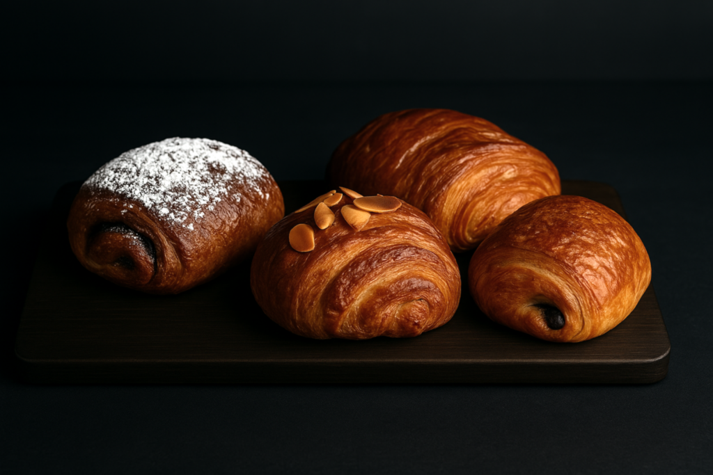 Croissants, including an almond croissant, on a wooden board