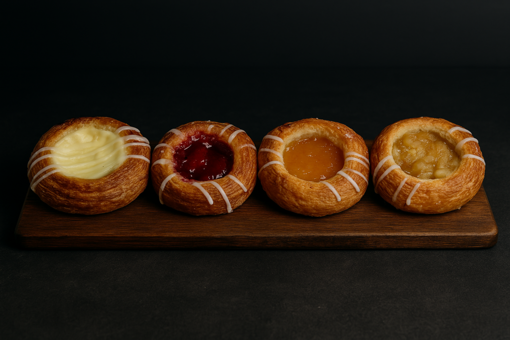 Four fruit and cheese danishes on a wooden board