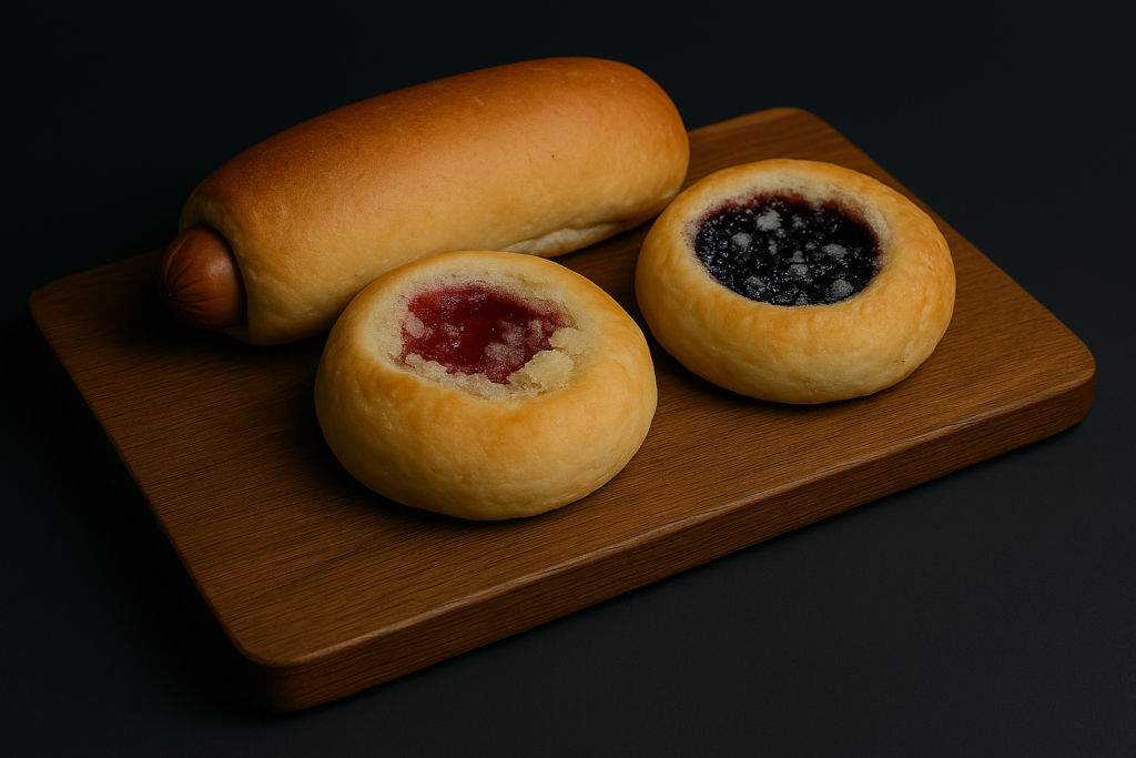 A sausage kolache and two fruit kolaches on a wooden board
