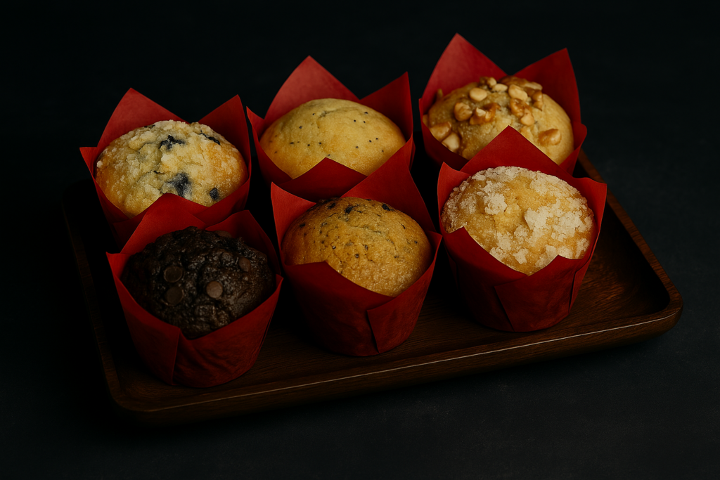 Assorted muffins in tulip wrappers on a wooden board
